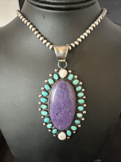 Purple Charoite Turquoise Navajo Sterling Silver Cluster Pendant 3.75" 18651