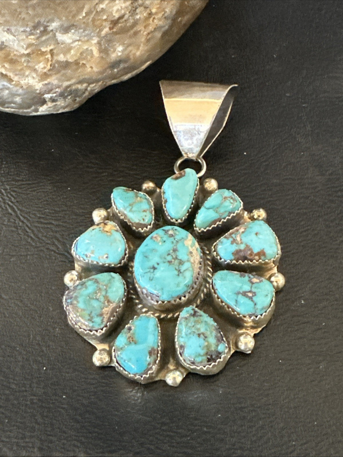 New Cluster  Blue Turquoise Navajo Sterling Silver Pendant 2.75” 19118