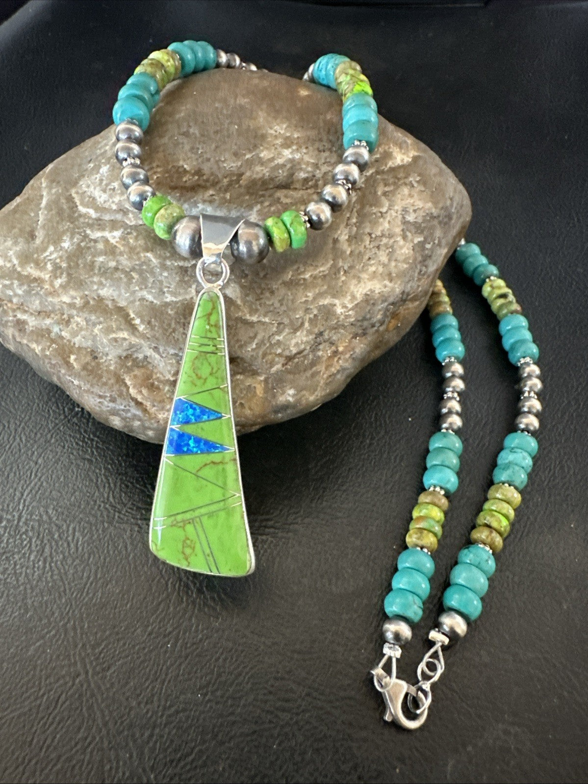 Blue Green Turquoise  Gaspeite Pendant Navajo Sterling Silver Necklace 19665