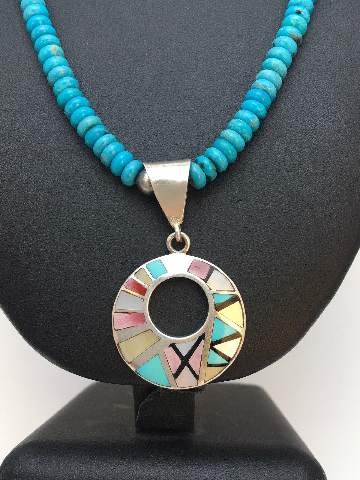 Blue Turquoise Mother Of Pearl Inlay Pendant Sterling Silver Necklace 08902