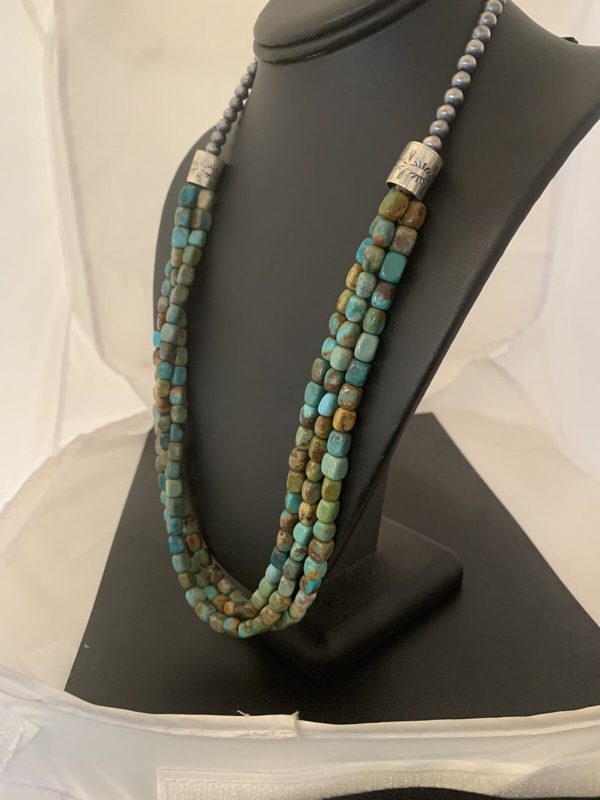 Green Turquoise Navajo Pearls Sterling Silver Native American Necklace 00611
