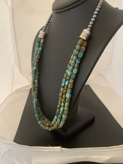 Green Turquoise Navajo Pearls Sterling Silver Native American Necklace 00611