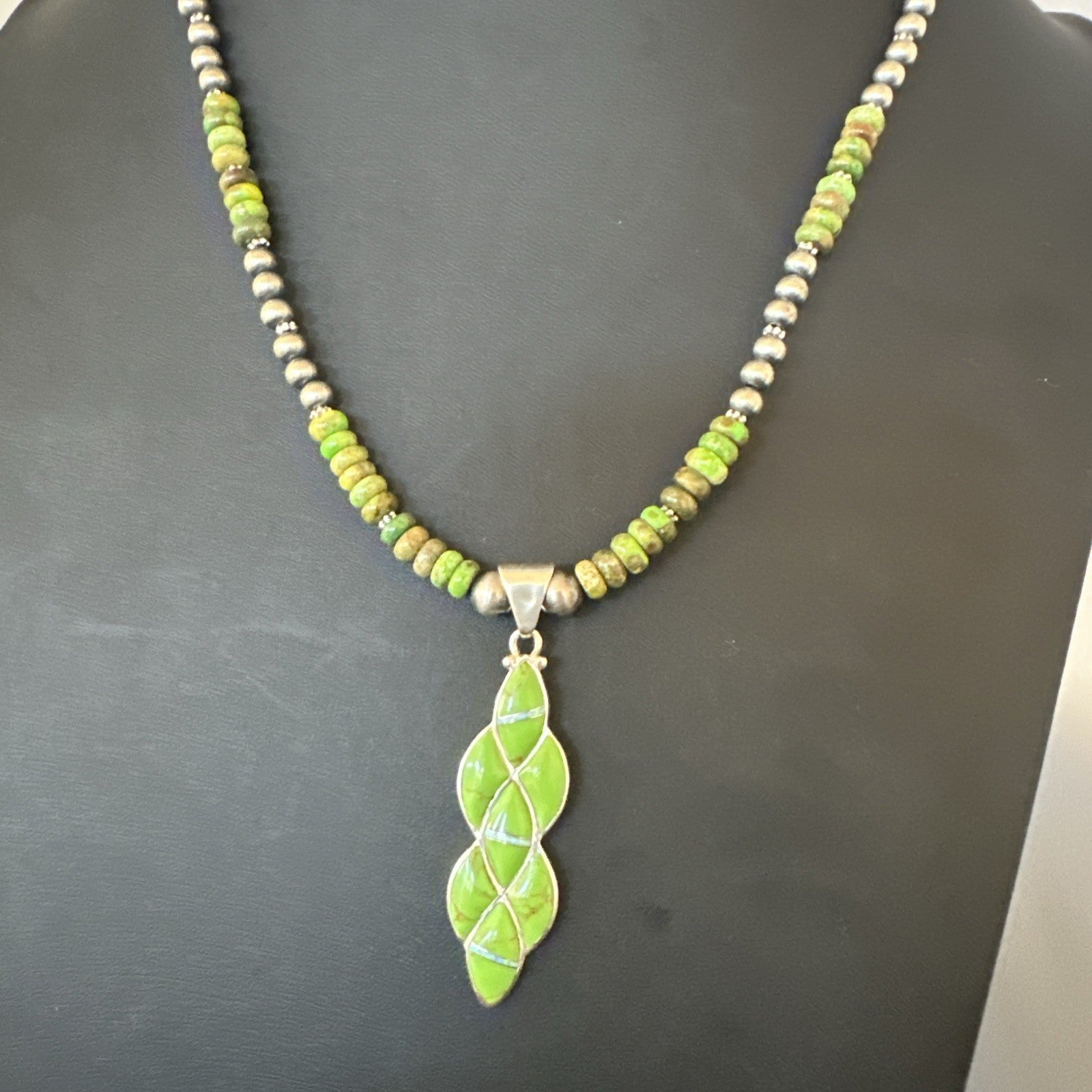 Womens Green Gaspeite Turquoise Opal Pendant Sterling Silver Necklace 19548