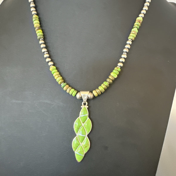 Women's Green Gaspeite Turquoise Opal Pendant Necklace | Sterling Silver | Authentic Native American Handmade | 19548