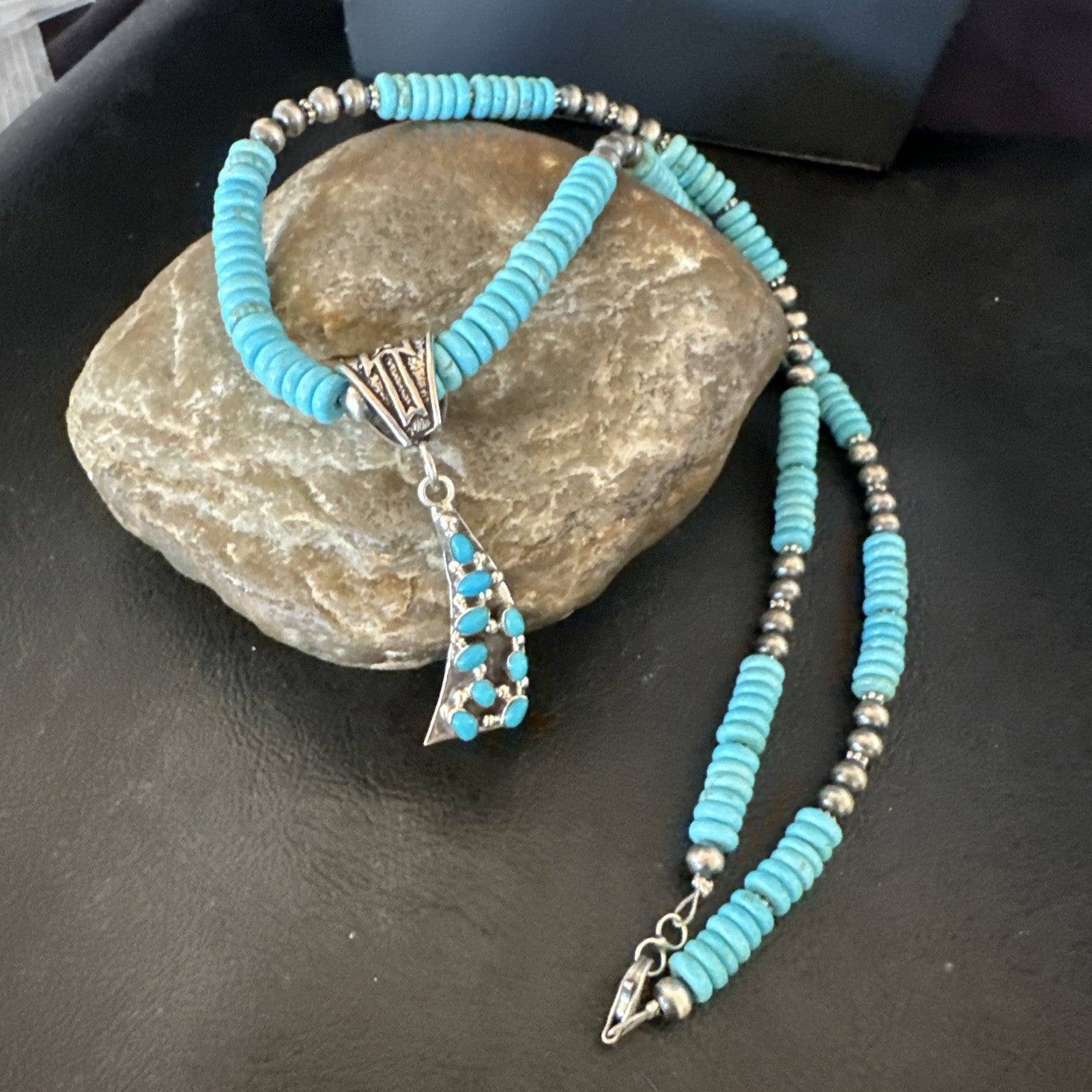 Blue Turquoise Cluster Pendant Navajo Sterling Silver Necklace 20" 19715