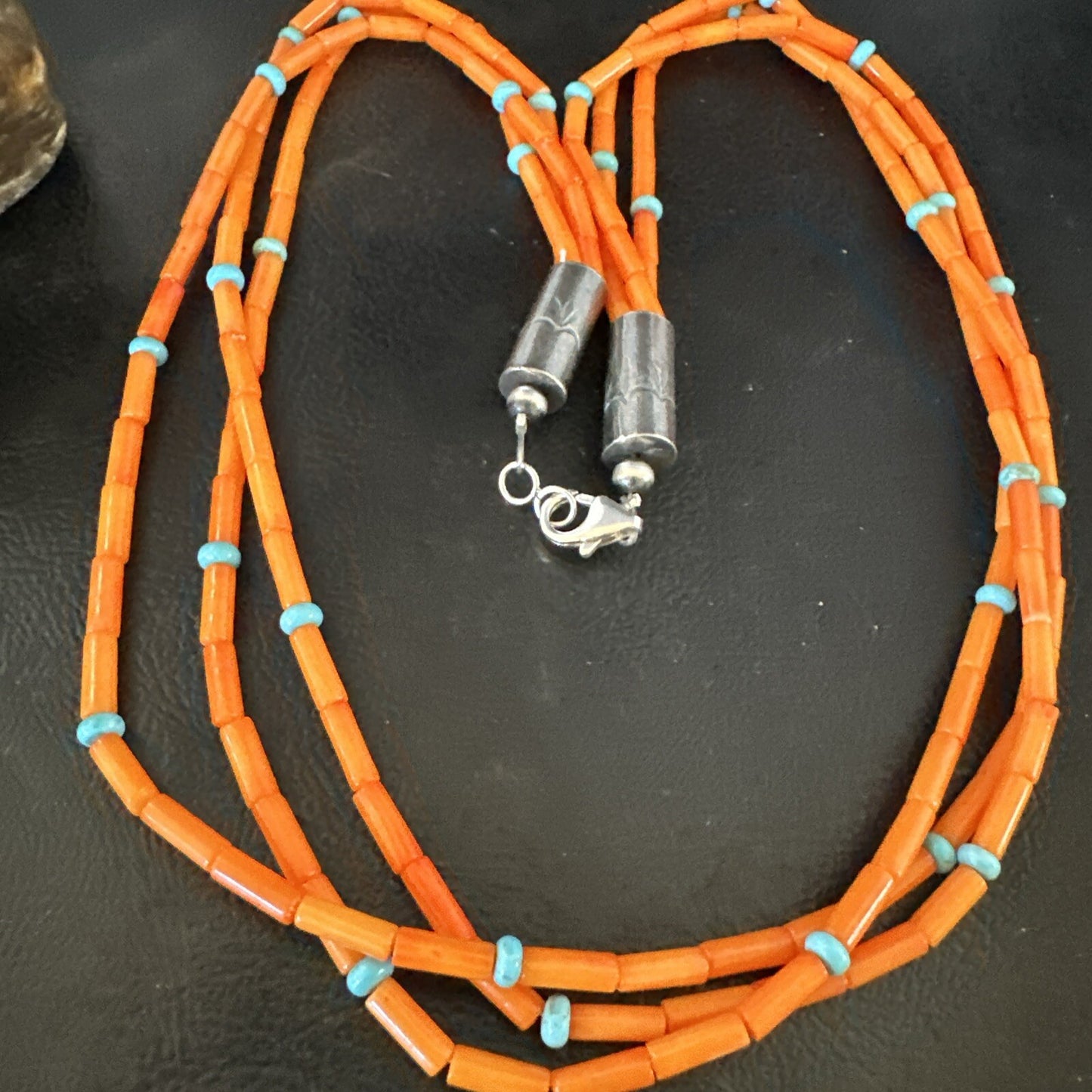 Native Turquoise Orange Coral Sterling Silver 3 Strand Necklace 21" 17819
