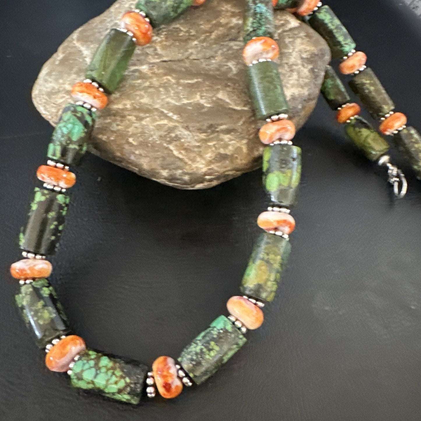 Green Turquoise Spiny Oyster Native Navajo Pearls Sterling Silver Necklace 14985