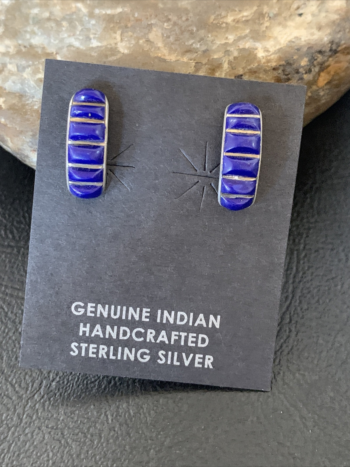 Blue Lapis Sterling Silver Multi-Stone Post Stud Inlay Earrings 0.5" 12708