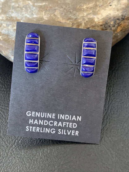 Blue Lapis Sterling Silver Multi-Stone Post Stud Inlay Earrings 0.5" 12708