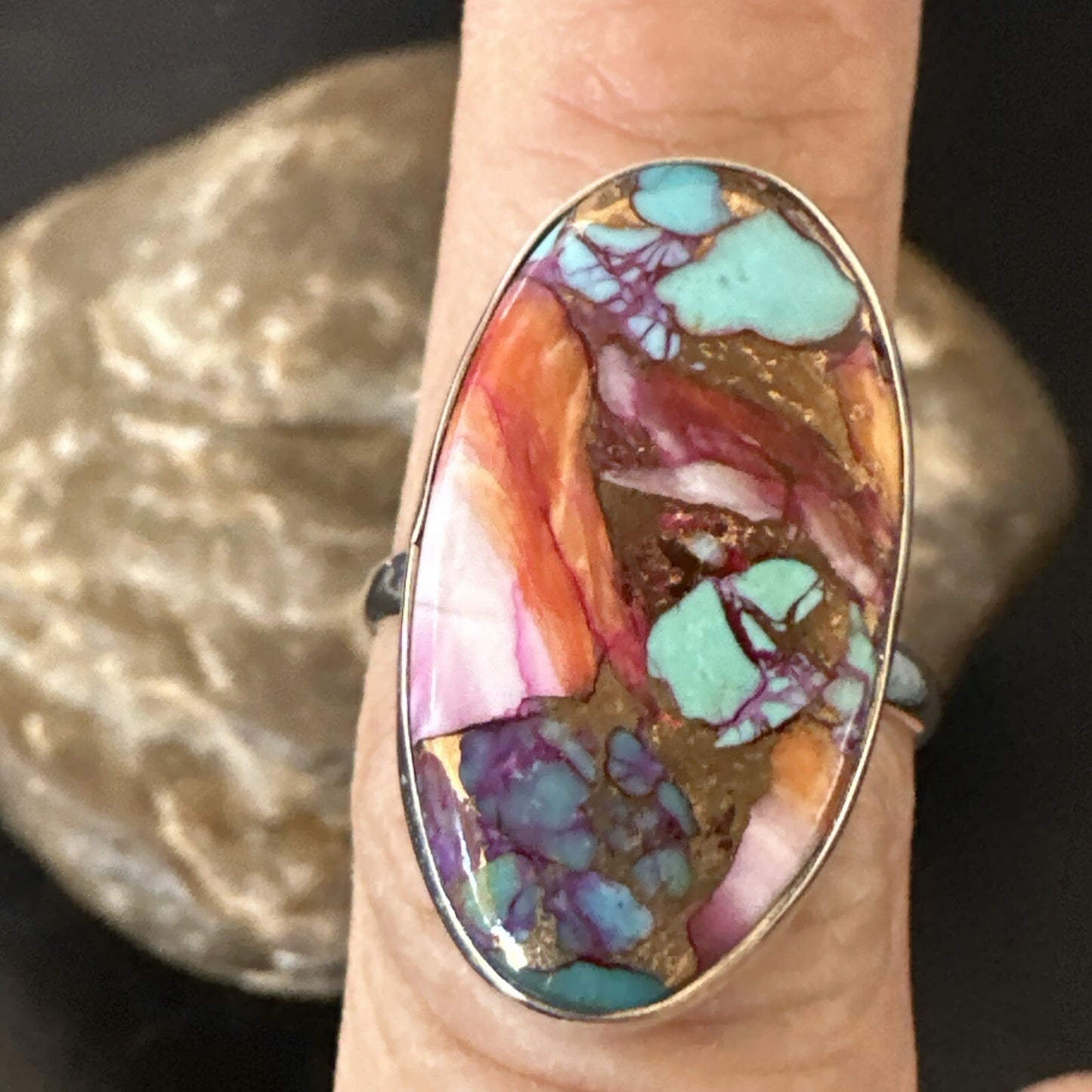 Blue Turquoise Spiny Oyster Southwestern Sterling Silver Ring Size 8 18428