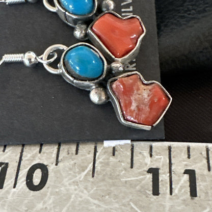 Handmade Blue Turquoise Red Coral Sterling Silver Navajo Dangle Earrings 18839