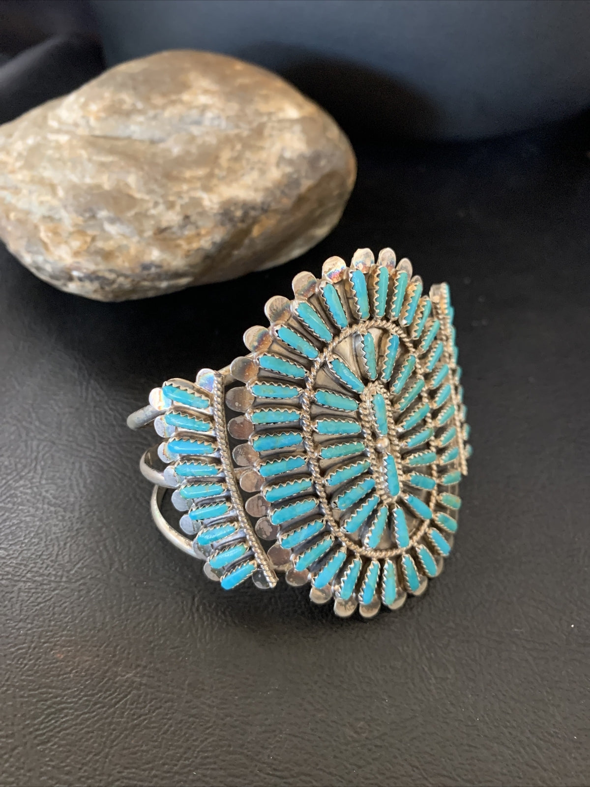Blue Turquoise Zuni Sterling Silver Cluster Cuff Bracelet 12333