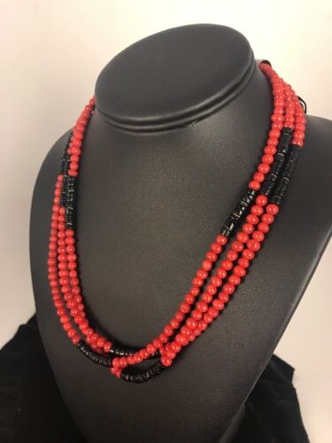 Navajo Coral Necklace Pendant Sterling Silver 20" 3 Strand 8006