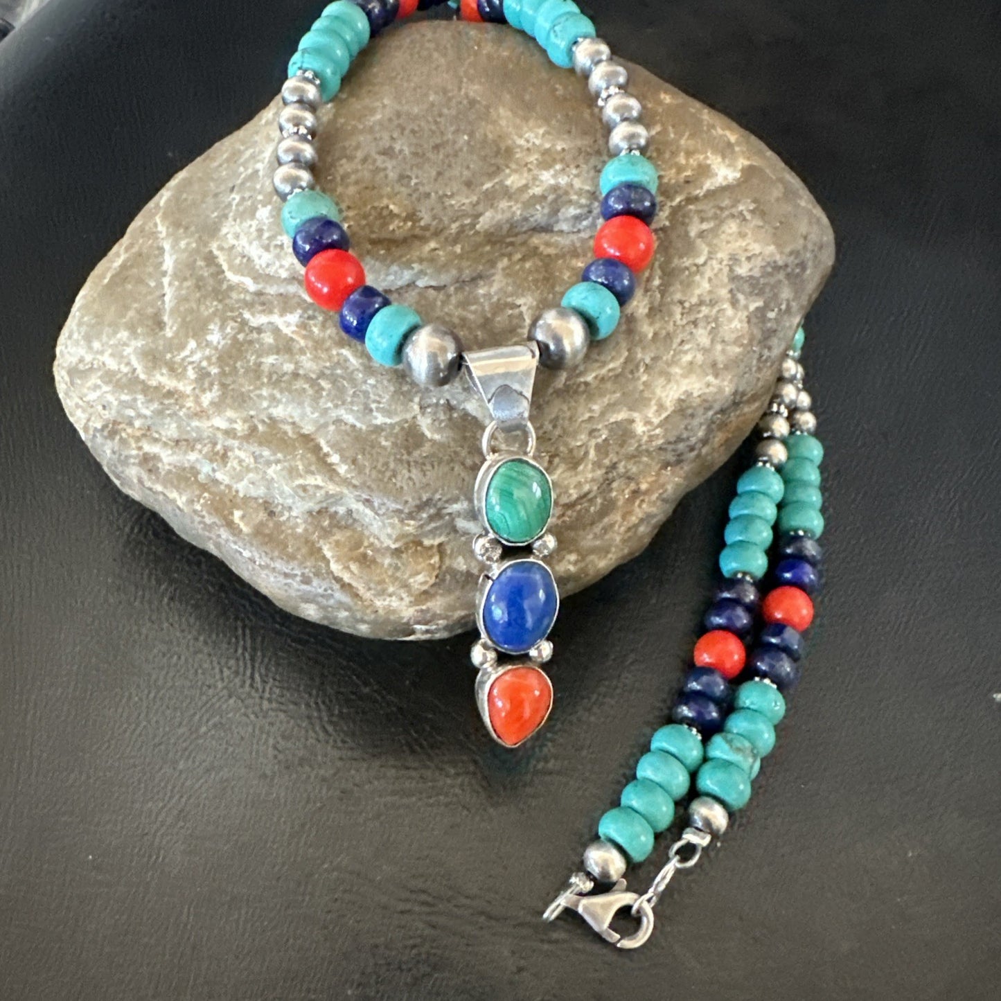 Multicolor Turquoise Coral Navajo Sterling Silver Cluster Pendant Necklace 19646
