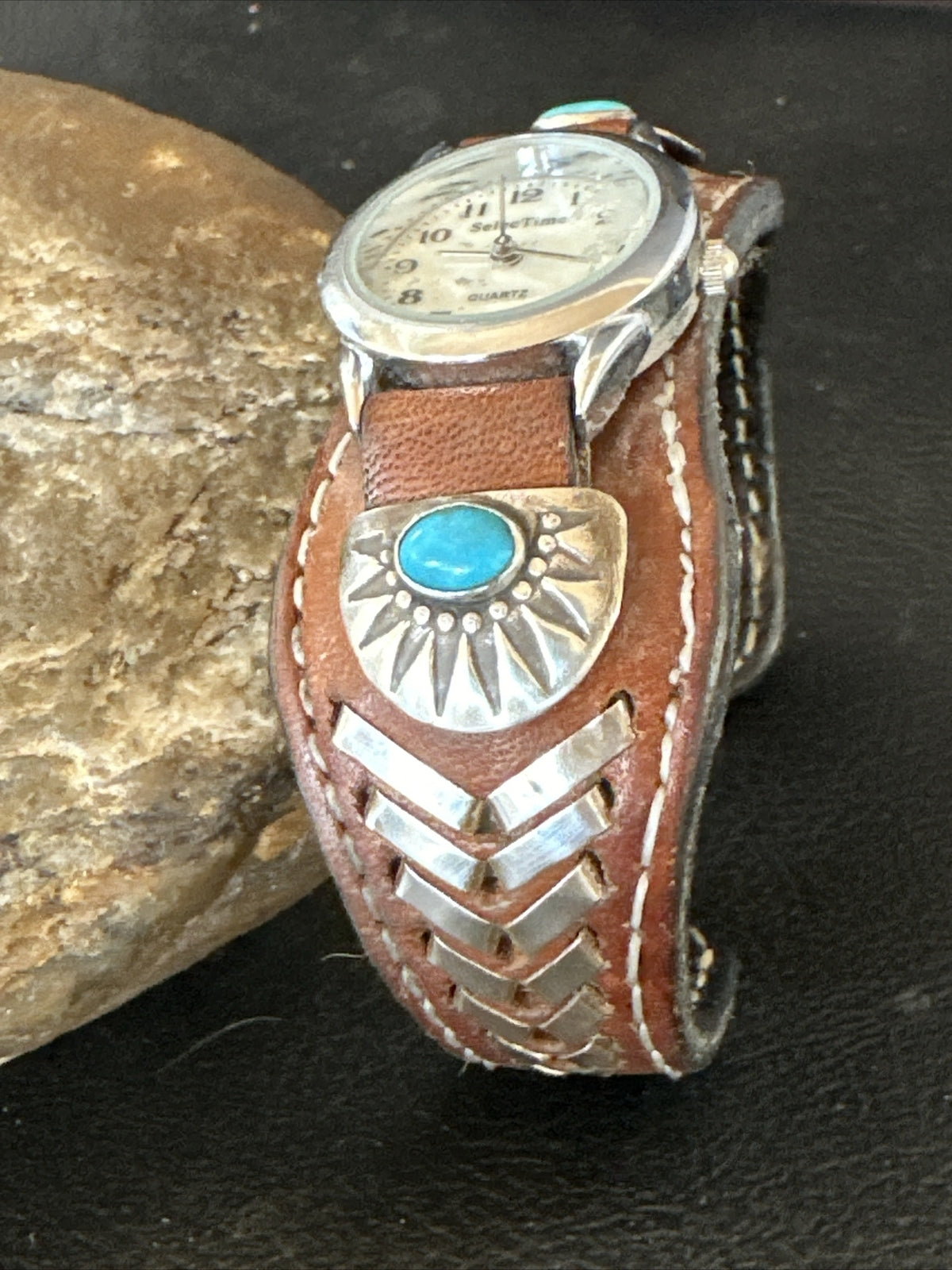 Womens Blue Turquoise Navajo Sterling Silver Cuff Watch Leather Bracelet 17736
