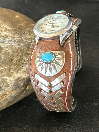Womens Blue Turquoise Navajo Sterling Silver Cuff Watch Leather Bracelet 17736