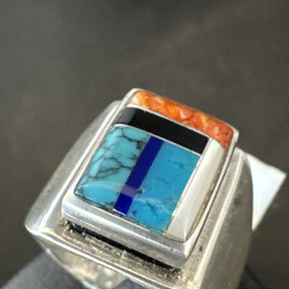 MultiColor Navajo Sterling Turquoise Spiny Oyster Inlay Ring Sz 7.5 18711