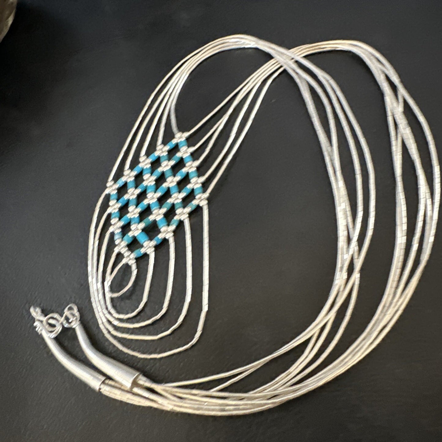 Crisscross Blue Turquoise Heishi Liquid Sterling Silver 5S Necklace 20" 15881