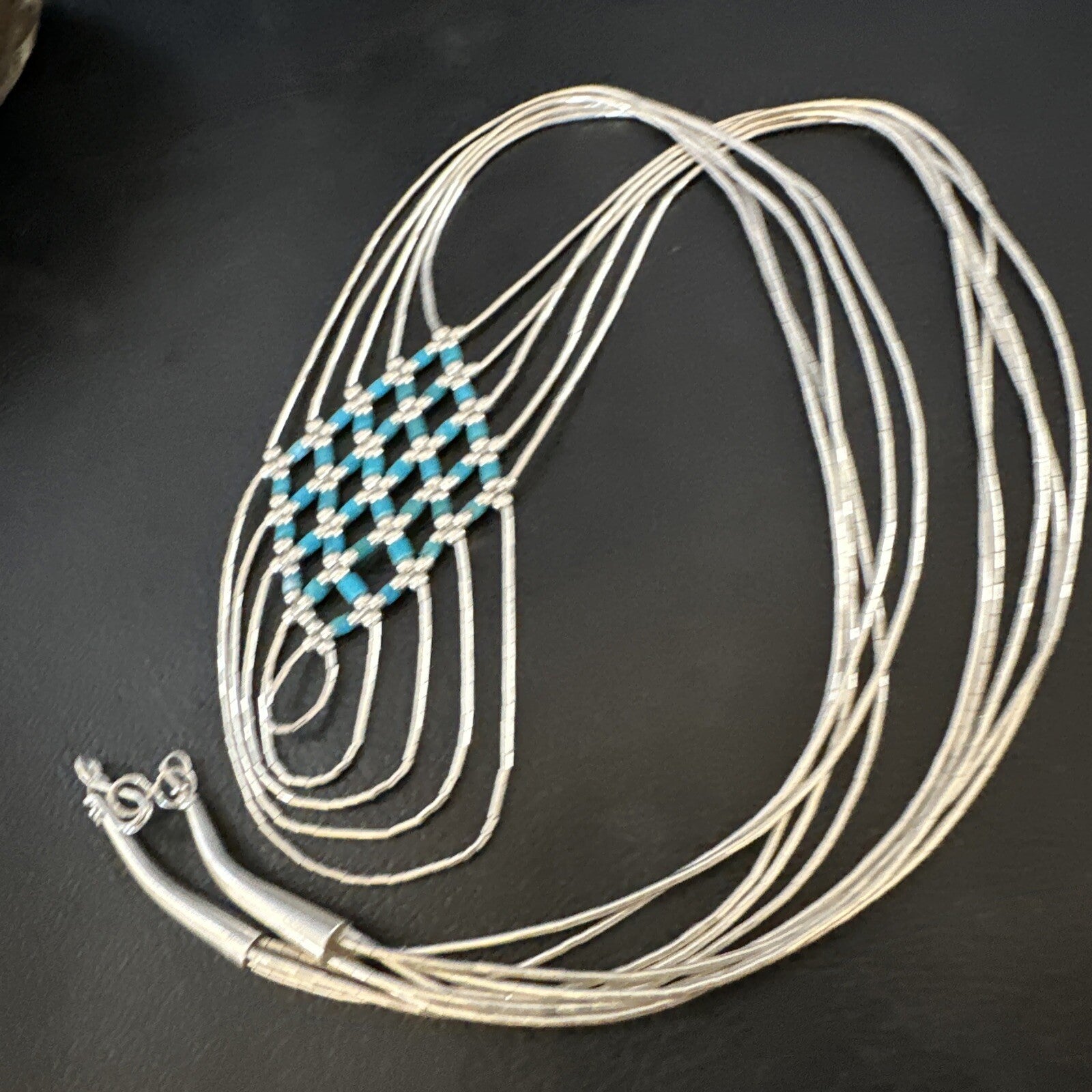 Crisscross Blue Turquoise Heishi Liquid Sterling Silver 5S Necklace 20" 15881
