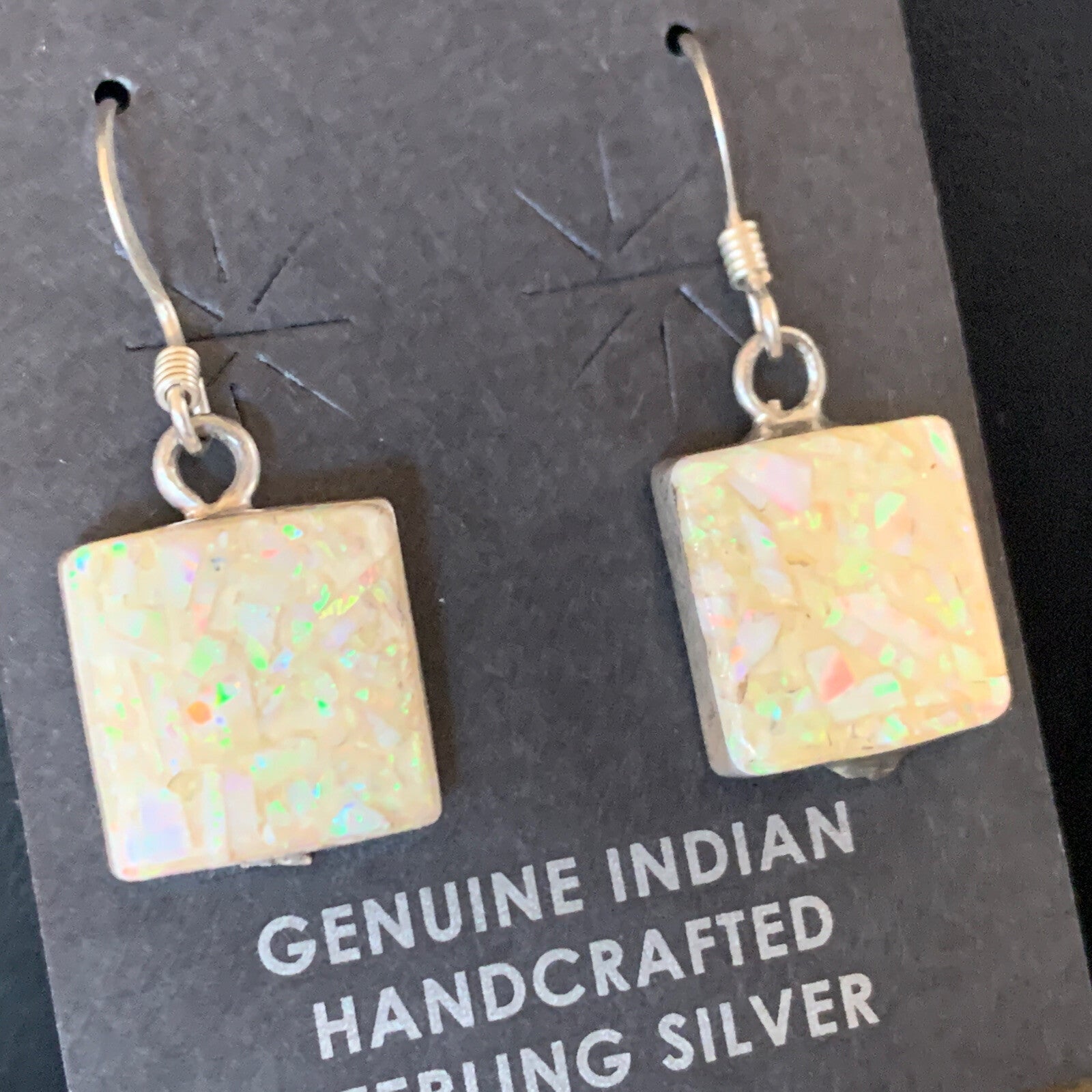 Womens White Opal Inlay Navajo Sterling Silver Dangle Drop Earrings 12768