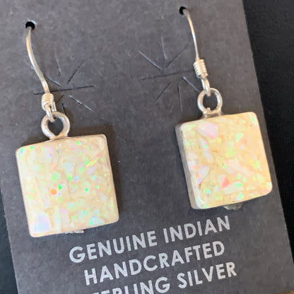 Womens White Opal Inlay Navajo Sterling Silver Dangle Drop Earrings 12768
