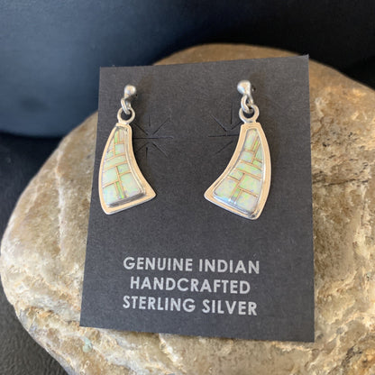 Womens White Opal Inlay Navajo Sterling Silver Dangle Post Earrings 12771