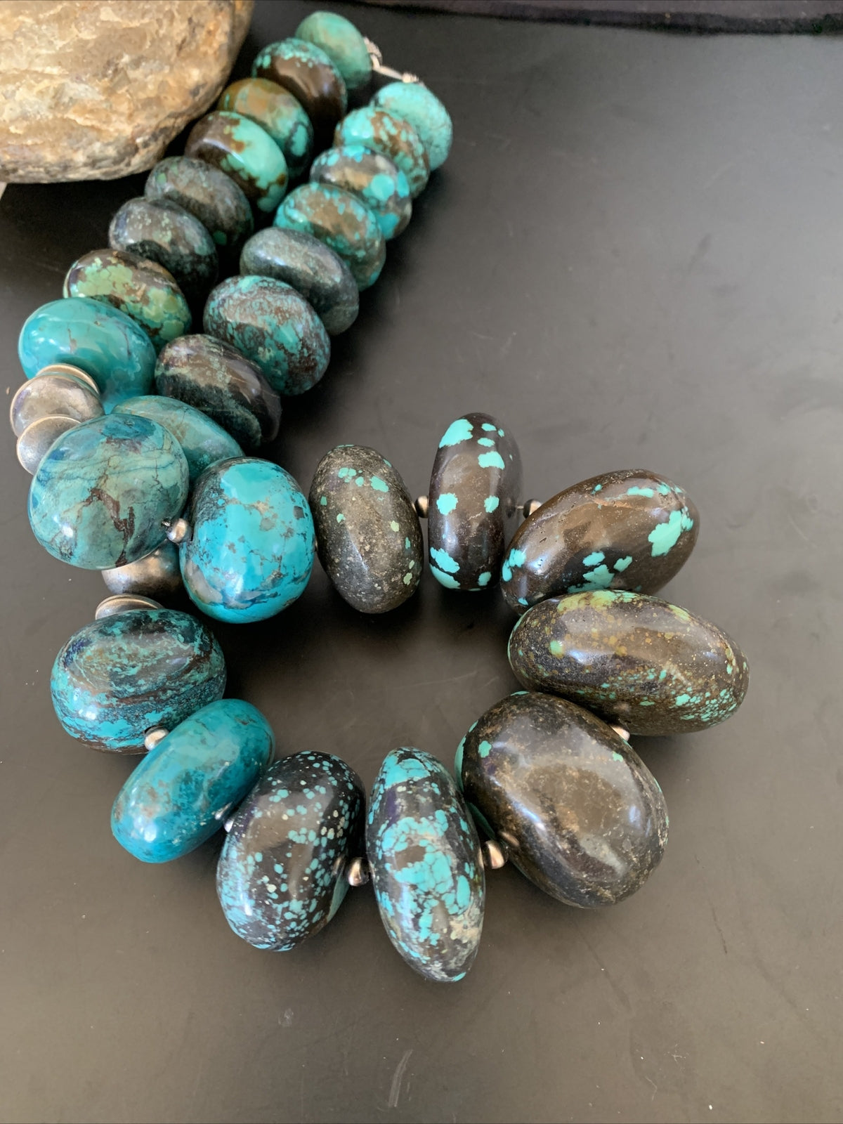 Blue Turquoise Chunky Graduated Navajo Sterling Silver Beads Necklace 11381