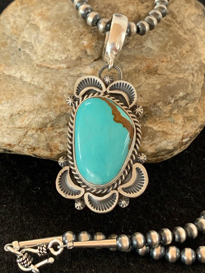Mens Navajo Pearls Sterling Silver Royston Turquoise Necklace Pendant 04306