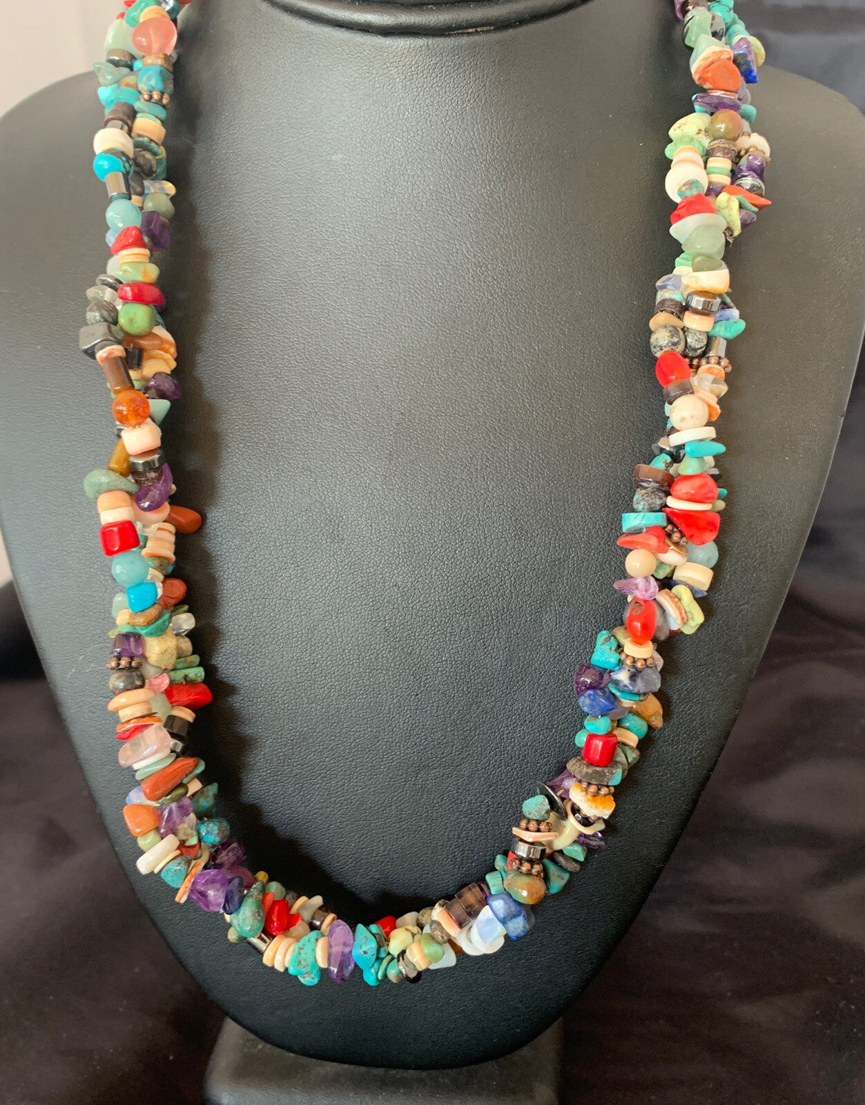 Turquoise & Coral 3 Strand Navajo Bead Sterling Silver Necklace 22” 10402