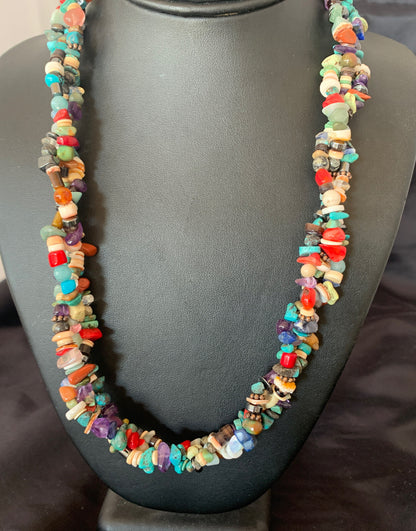 Turquoise & Coral 3 Strand Navajo Bead Sterling Silver Necklace 22” 10402
