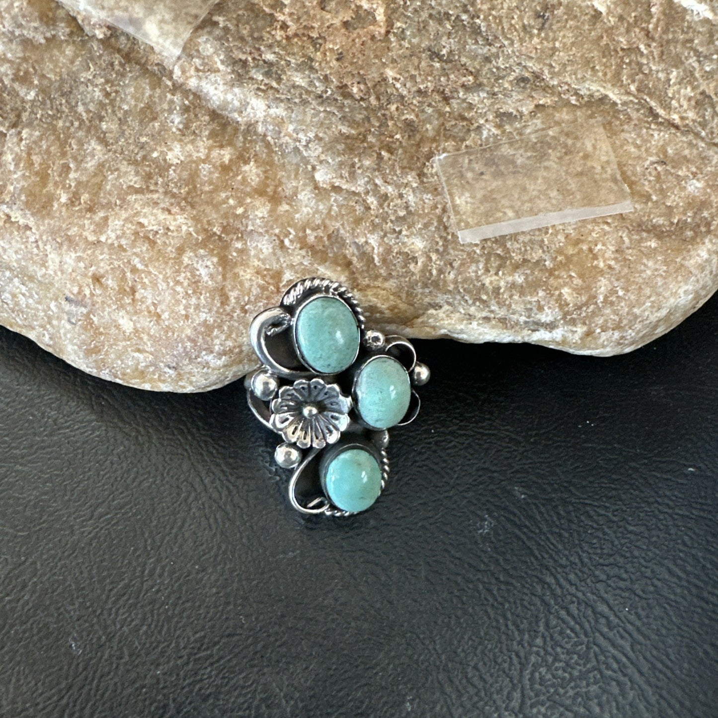 Yazzie Ring Green Turquoise Navajo Sterling Silver Cluster Size 8 19223
