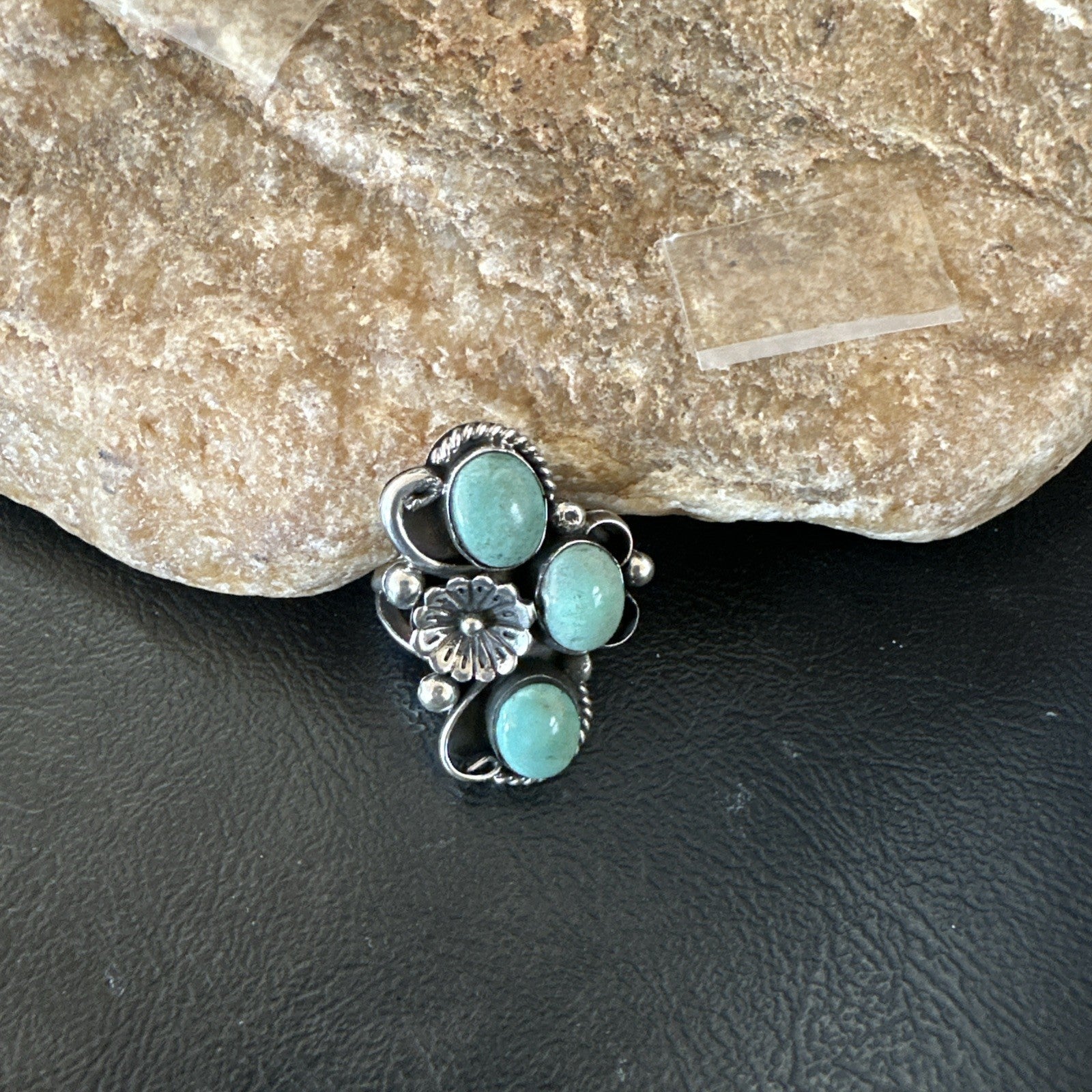 Yazzie Ring Green Turquoise Navajo Sterling Silver Cluster Size 8 19223
