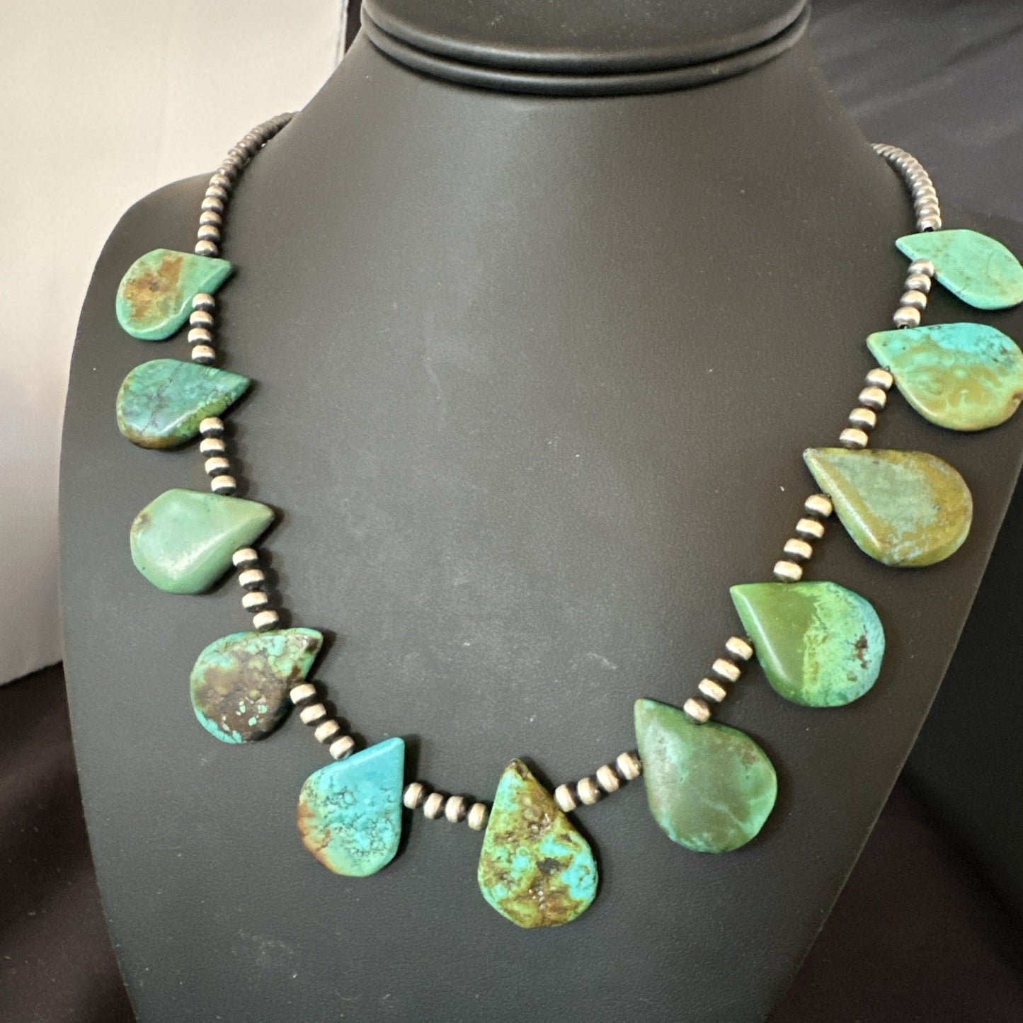 Blue Green Turquoise Teardrop Navajo Pearls Sterling Silver Necklace 14390