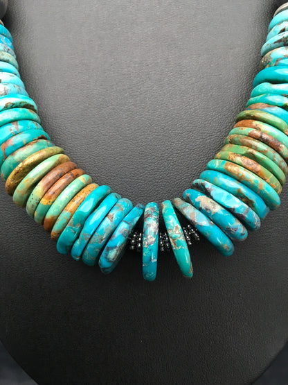 Blue Green Turquoise Navajo Sterling Silver Beads Necklace 02607