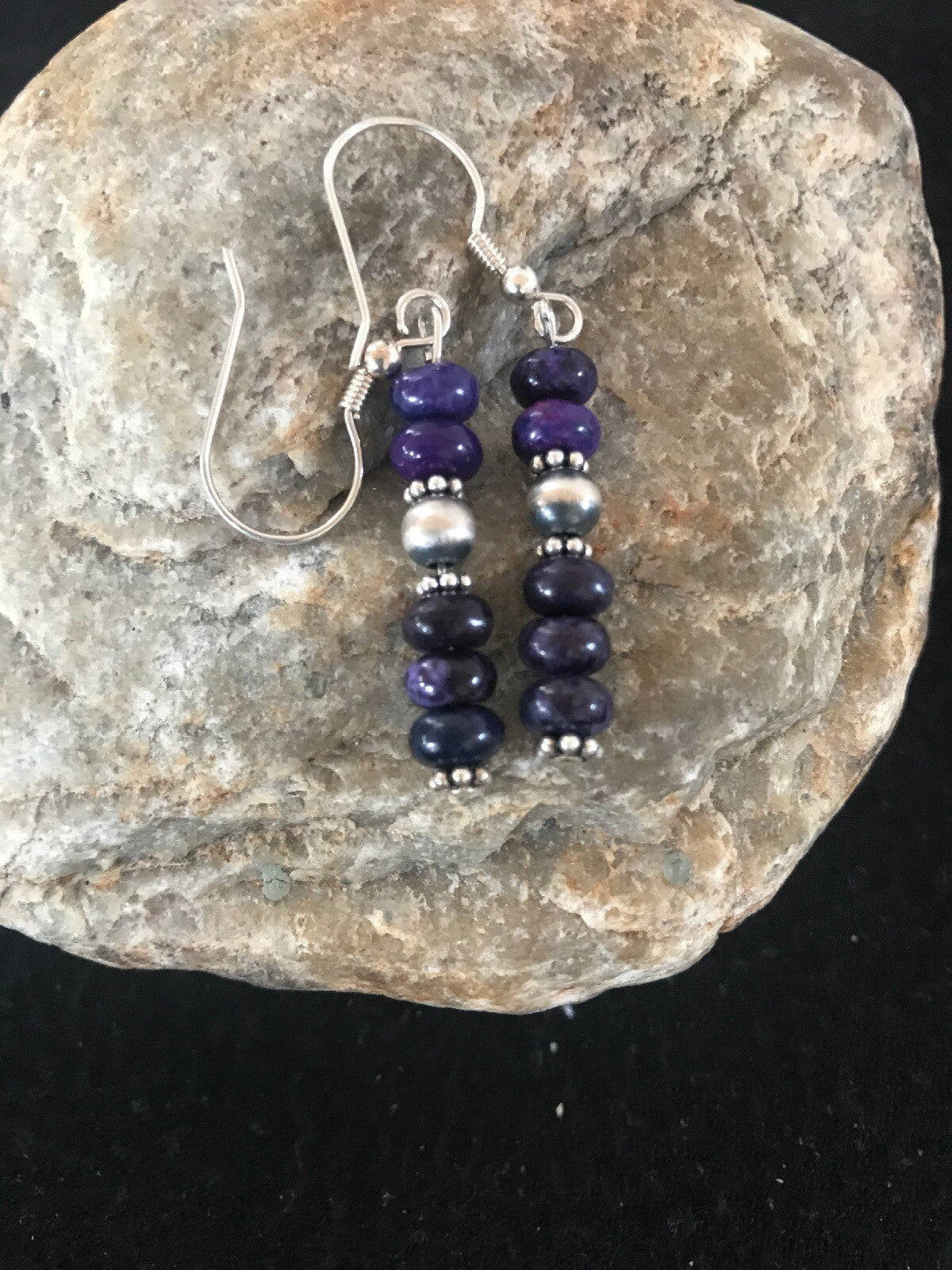 Navajo Purple Stone Sterling Silver Dangle Bead Earrings 1" 10059