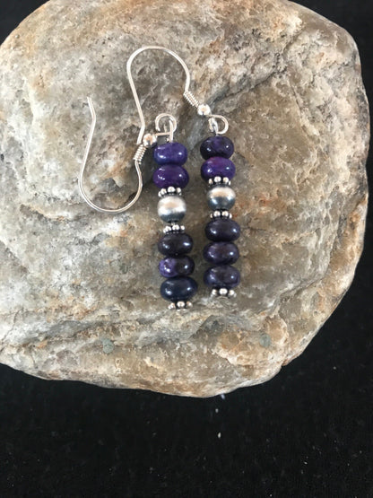 Navajo Purple Stone Sterling Silver Dangle Bead Earrings 1" 10059