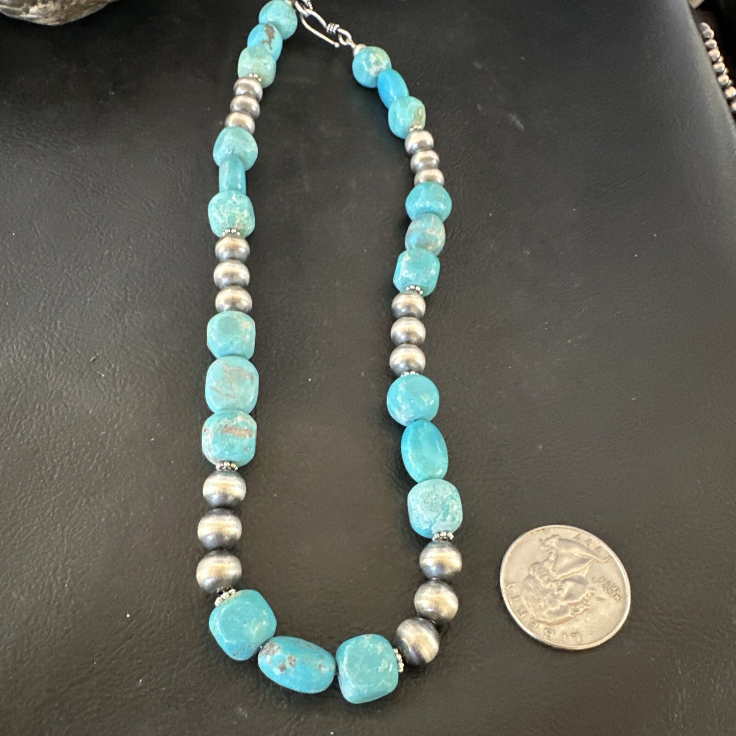 WoMens Blue Turquoise Nugget Navajo Pearls Sterling Silver Necklace 93416