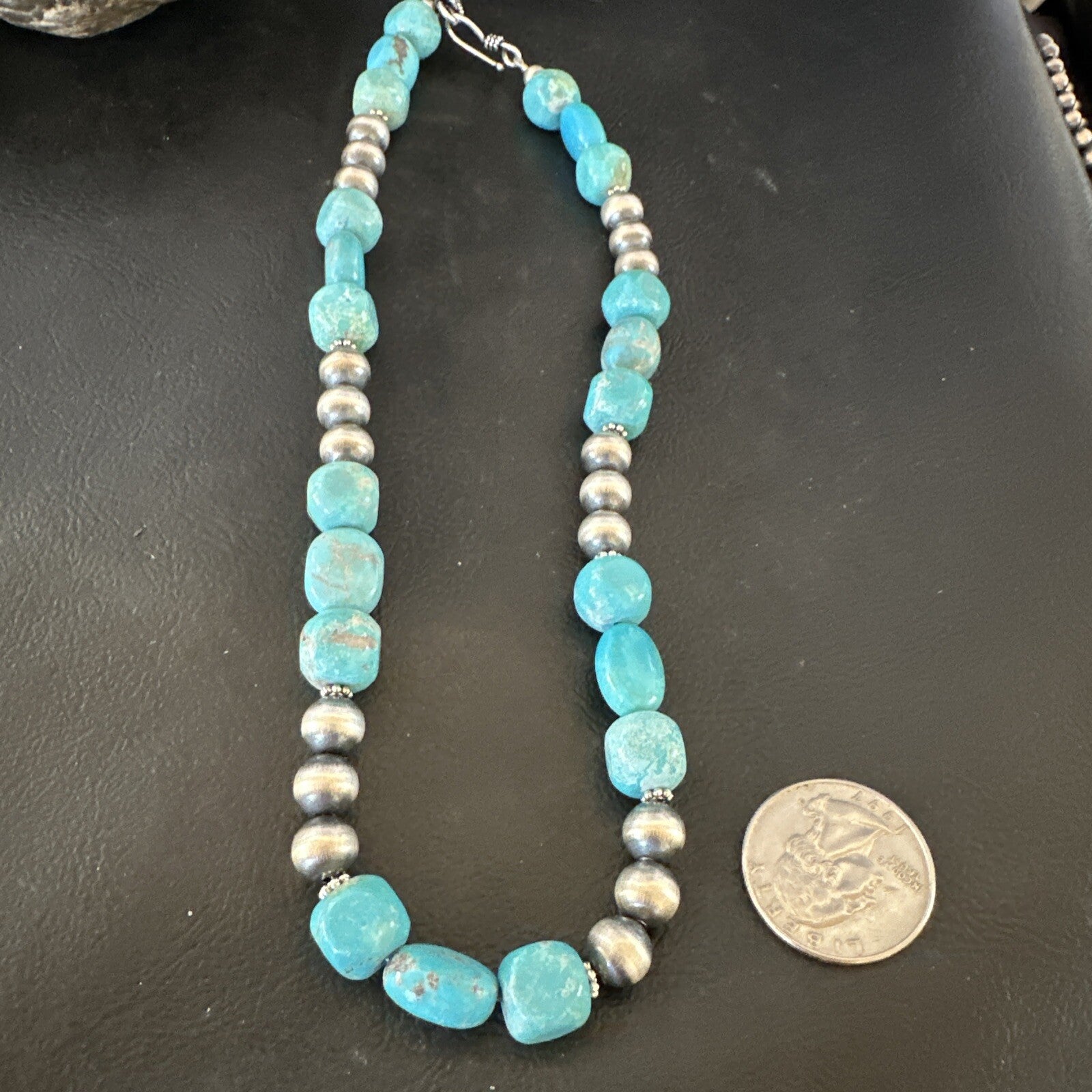 WoMens Blue Turquoise Nugget Navajo Pearls Sterling Silver Necklace 93416