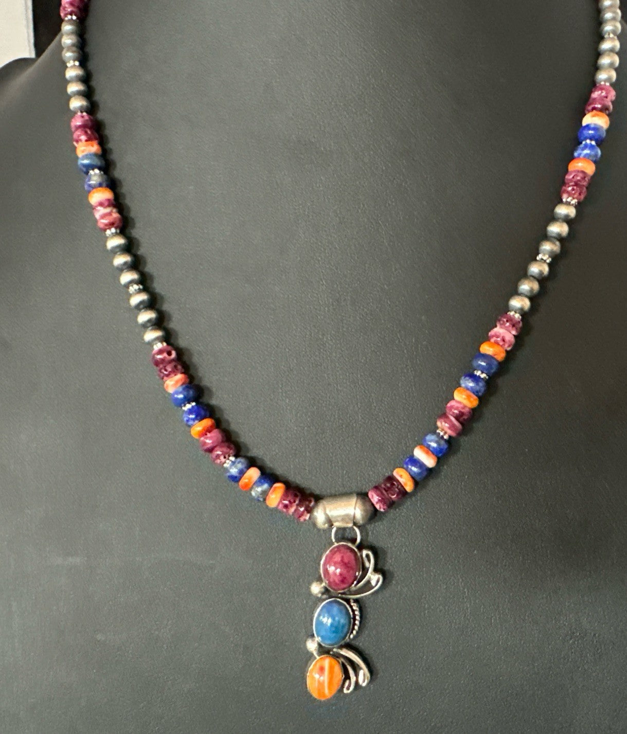 Multicolor Turquoise Spiny Navajo Sterling Silver Cluster Pendant Necklace 19639