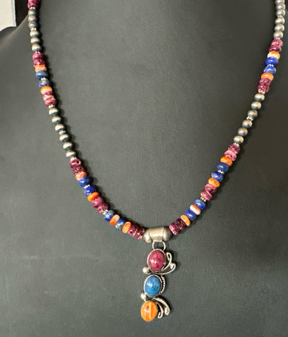 Multicolor Turquoise Spiny Navajo Sterling Silver Cluster Pendant Necklace 19639