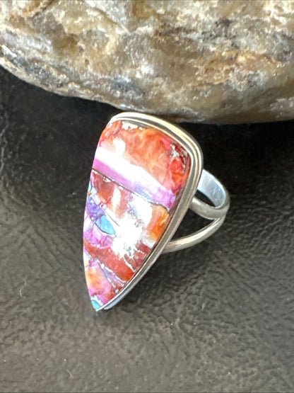 Blue Turquoise Spiny Oyster Southwestern Sterling Silver Ring Size 8.5 18545