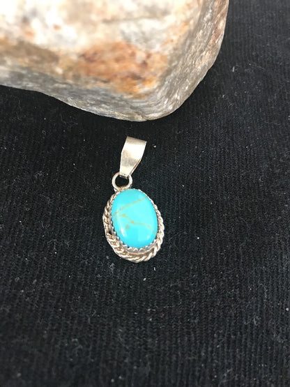 Blue Turquoise Navajo Sterling Silver Native American Pendant 1" 03162