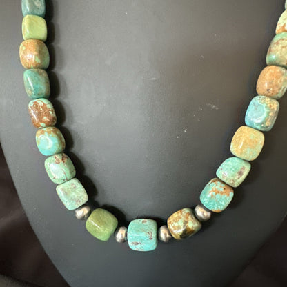 Cube Green Turquoise Navajo Graduated Sterling Silver Necklace 21” 19205