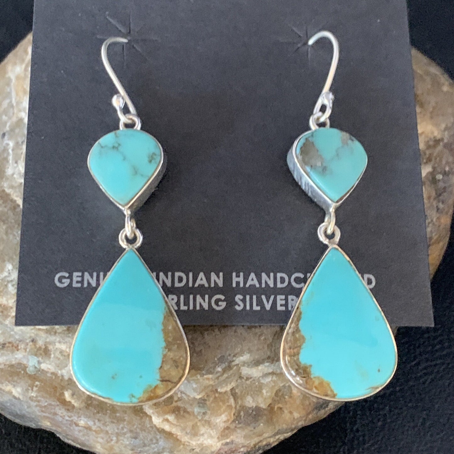 Kingman Turquoise Handmade Navajo Sterling Silver Dangle Earrings 13899