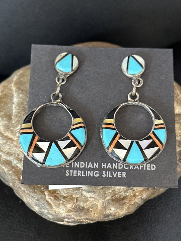 Coral Turquoise Onyx Abalone Zuni Inlay Earrings | Sterling Silver | Authentic Native American Handmade | 14768