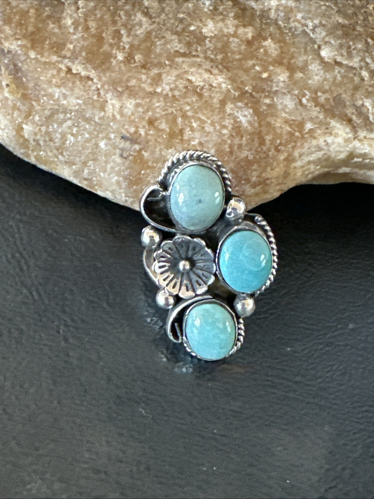 Yazzie Ring Green Turquoise Navajo Sterling Silver Cluster Size 8 19222