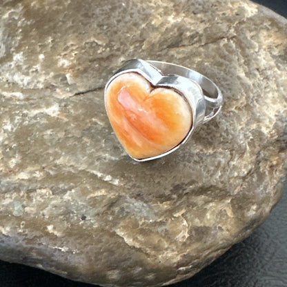 Orange Heart Ring Handmade Navajo Spiny Oyster Sterling Silver Sz 8.5 19328