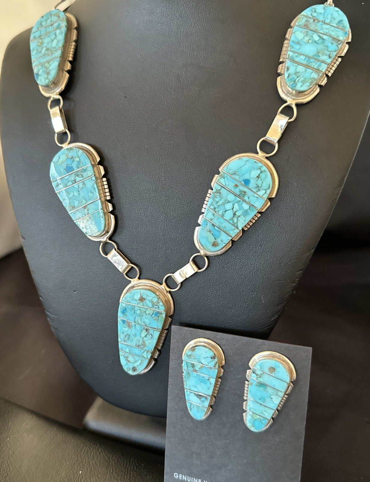 Inlay Kingman Turquoise Sterling Silver Lariat Necklace Pendant Earrings 19075