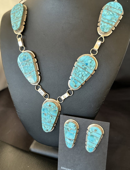 Inlay Kingman Turquoise Sterling Silver Lariat Necklace Pendant Earrings 19075