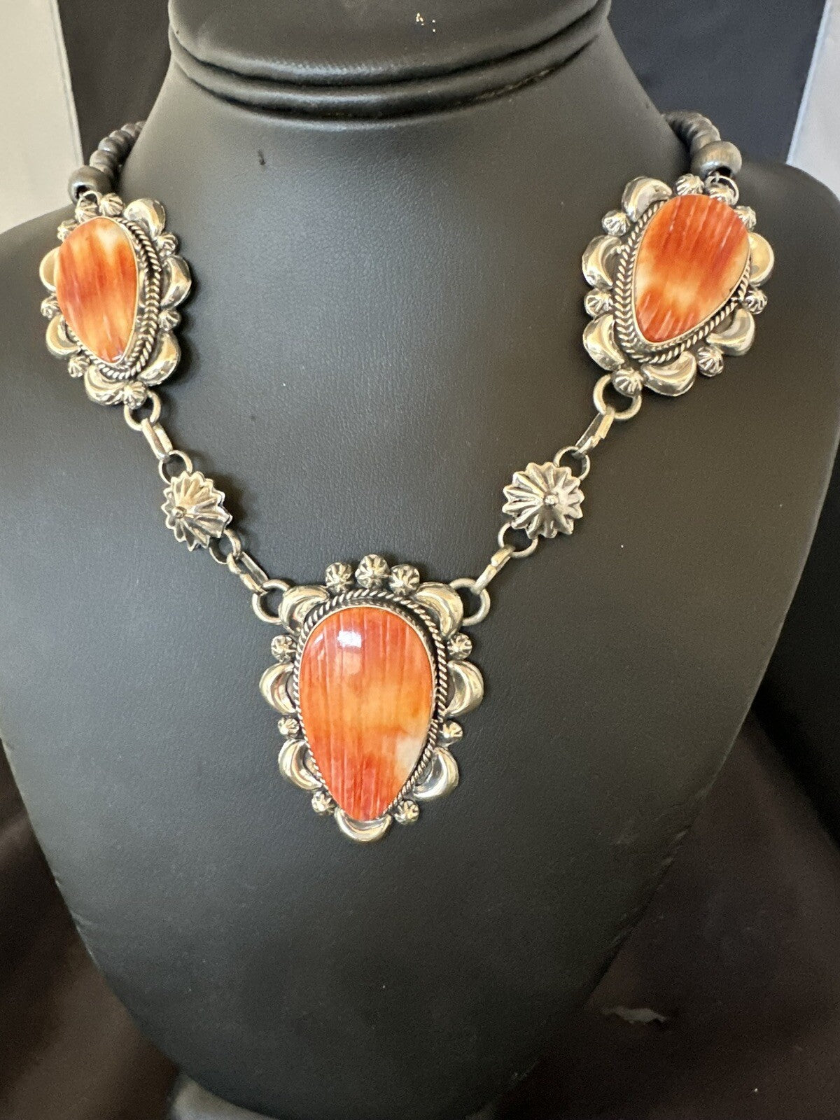 Orange Spiny Oyster Pendant Navajo Sterling Silver Lariat Necklace 21" 18627